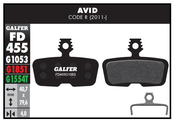 PASTILLAS FRENO BICICLETA GALFER STANDARD AVID CODE R (11-)